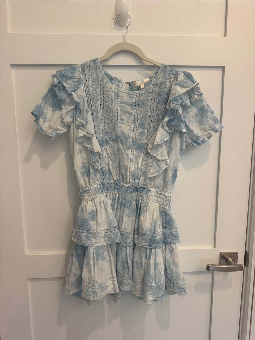 LoveShackFancy Natasha Dress in a blue tie-dye Pacific Indigo color.